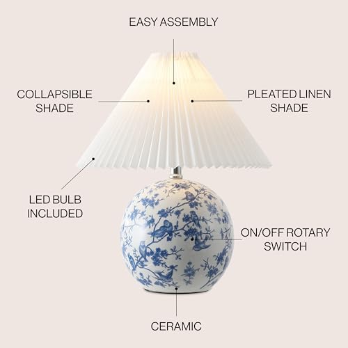 Image of JONATHAN Y 19.5 inch White /Blue Shishen Chinoiserie Ceramic Table Lamp, Traditional Hand-Painted Floral Cottage Lamp with White Pleated Linen Shade, LED Bulb Included (JYL5056B)
