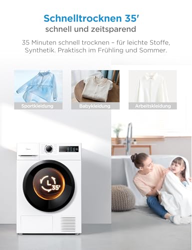 Midea MD11EH80BD Wärmepumpentrockner, 8 kg, Energieklasse D, Schnelltrocknen 35', HealthGuard, Sensor-Trocknung,Auffrischen,Knitterschutz, Auffrischen Wolle, Weiß