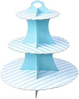 NATUCE 3 Tier Cardboard Cupcake Stand for Afternoon Tea, Pink Stripe Cake Stand, Round Dessert Holder Tower, Serving Platter Baby Shower, Wedding, Birthday Party, 7'' 10'' 12'' (Blue)