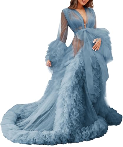 Image of BATHGOWN Sexy Illusion Long Lingerie Tulle Robe Nightgown Bathrobe Sleepwear Bridal Robe Wedding Scarf