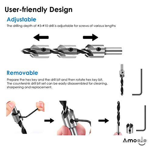 Amoolo 10-Pack Countersink Drill Bit Set With 1 Free Hex Key Wrench, 7 Pcs High Carbon Steel Countersink Drill Bits For Wood, 3 Pcs Hex Shank Wood Countersink Bits (1/2" 5/8" 3/4"), Woodworking Carpentry Reamer #TOP5