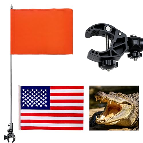 Boat Flags Pole and Flags Set, 2Pcs Orange Boat Flag and American Flag, 60'' Telescopic Reinforced Pole with Alligator Mount, 360° Adjustable Water Ski Flag for Boat Accessories