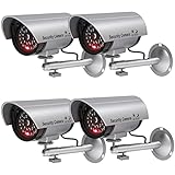 WALI Bullet Dummy Fake Surveillance Security CCTV Dome Camera Indoor Outdoor with 1 LED Light, Security Alert Sticker Decals (TC-S4), 4 Packs, Silver