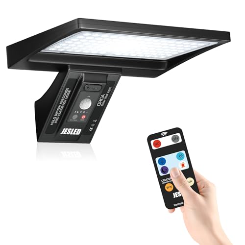 JESLED Solar Security Lights, 104 LED Motion Sensor Lights Outdoor, Remote Control, IP65 Waterproof, 3 Color Temperatures, 4 Modes Outside Lights Solar Powered for Yard, Garage, Garden