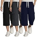 Mumucove 3 Pack Boys Cargo Capri Pants 6-16 Years with 4 Pockets Wide Leg Loose Elastic Waist Drawstring Shorts Sweatpants(Navy Blue, Dark Heather Gray, Black,10-11 Years)