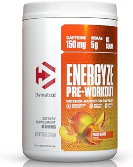 Dymatize Energyze Pre Workout Powder for Men and Women, 150mg Caffeine, 5g BCAAs, Performance Blend of L-Theanine, L-Tyrosine, L-Citrulline, No Sugar, 30 Servings, Peach Mango Flavor