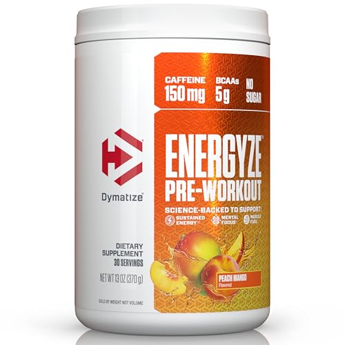 Dymatize Energyze Pre Workout Powder for Men and Women, 150mg Caffeine, 5g BCAAs, Performance Blend of L-Theanine, L-Tyrosine, L-Citrulline, No Sugar, 30 Servings, Peach Mango Flavor