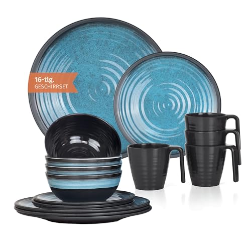 Juego de vajilla de melamina para camping, 4 personas, color azul piedra + 4 tazas de piedra tazas de café, vajilla de pícnic, barbacoa