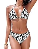 Vijamiy Maillot De Bain Femme 2 Pieces Push Up Rembourré Ventre Plat Sexy Halter Triangle Bikini Maillots Deux Pièce Swimsuit avec Pendentif Fleur(Noir et Blanc,M)