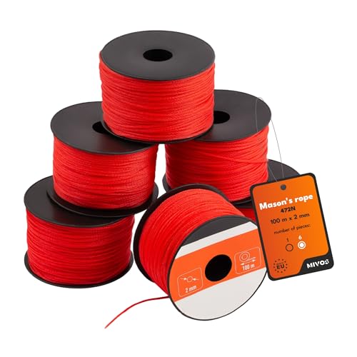 MIVOS Corde de maçon - Paquet de 6 Cordeau de maçon 100m, épaisseur 2mm - Cordeau d'alignement en rouge - Cordeau de construction - Cordeau de plomb - Cordeau de pavage durable et résistant - 472N