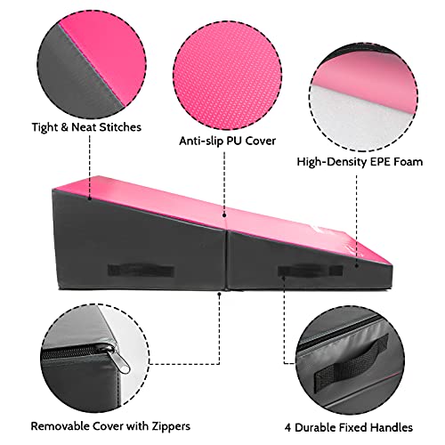 Kangaroo Hoppers Folding Incline Gymnastics Wedge Mat For Kids Tumbling, Skill Training, 56"X28"X15" Cheese Mat For Home Gym Exercise (Hot Pink/Black) #TOP3