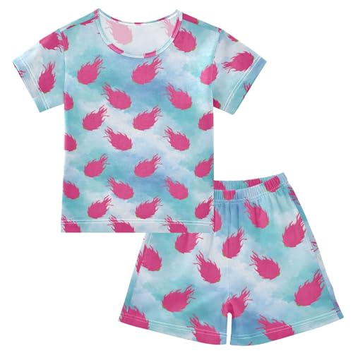 Dragon Fruit Blue Pattern Summer Cute Pajama Sets, Short Sets for Daily Wears and Sleep Wears