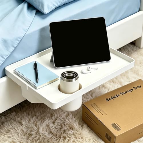 KAGEYMB Table De Chevet Suspendue pour Lit Grande Table De Nuit Fixe sur Cadre 43x29,5 Cm avec Support De Verre Et Passe-Câbles Plateau Lit pour Smartphone...