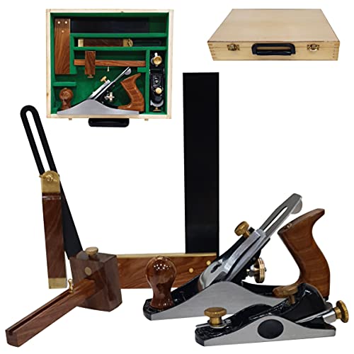 Vorx Juego de 5 herramientas para carpinteros alisado Nº 4 Jack Plane, Nº 60 ½ bloque plano, calibre de 230 mm, cuadrado de prueba en caja de madera resistente, kit de herramientas para carpintero Cover