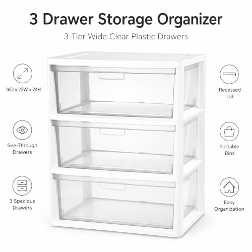 3-Drawer-Plastic-Storage-Tower-Wide-Organizer-for-Closet-Bedroom-White-Stackable-wide-drawers-for-clothes-toys-and-crafts-Durable-see-through-plastic-provides-quick-visibility