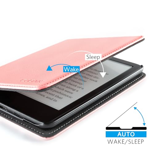 Image of CoBak Case for 6 inch E-Reader - PU Leather Smart Cover with Auto Sleep /Wake & Hand Strap, not Compatible with Kobo Clara,Lychee Pink