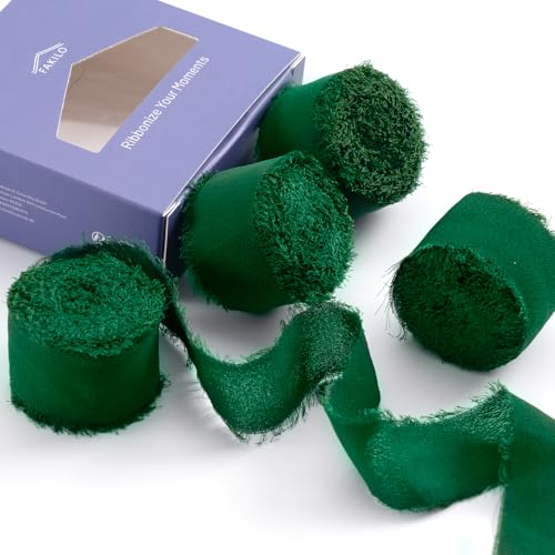 3 Rotoli Nastro Chiffon Verde Scuro 4cm X 7m - Frange Strappate A Mano Per Bouquet Sposa E Confezioni Regalo