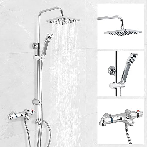 Trintion Thermostatic Shower Mixer Set, 38 °C Square Waterfall Bath Shower System with Dual Rainfall Shower Head, 3-Function Handheld Shower, Anti Scald Shower Mixer Bar Kit, Adjustable Height