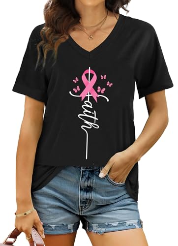 PECHAR Breast Cancer Shirts for Women: Pink Ribbon Breast Cancer Awareness T-Shirts Faith Inspirational Vneck Blouse Tops2