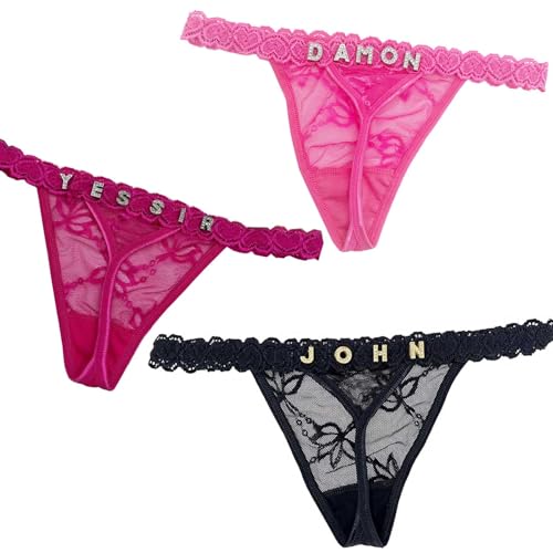 XGSiNuoBao 3-Pack Personalised Thongs With Names, Customised Lace Thong with Rhinestone Name, Customised Underwear Panties With His Name for Women & Girlfriend