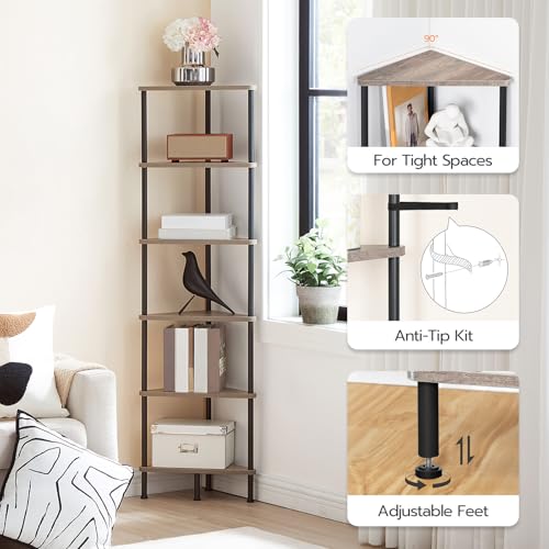 HOOBRO Corner Shelf Stand, Industrial 6-Tier Corner Bookshelf with Metal Frame, Plant Display Shelf, Bookcase for Small Spaces, Living Room, Greige and Black BG36CJ01 by HOOBRO - Used condition - Image 6