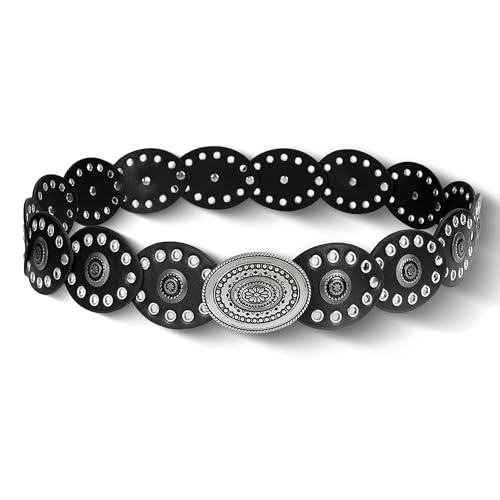 Boho Leather Belt for Women, Western Concho Circe Design, Vintage Cowgirl Waist Belt for Music Festivals, Dresses and Jeans, Fits Waist up to 42 Inches