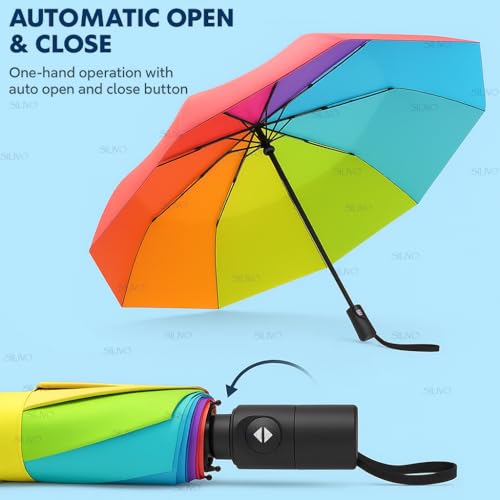 Image of Rainbow Umbrella 3 Fold | Auto Open & Close | Wind & Rain Resistant Travel Umbrella for Men, Women, Kids, Boys & Girls - Compact & Colorful