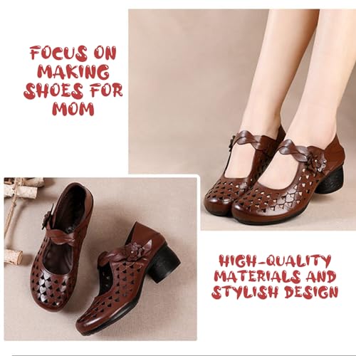 Genuine Leather Hollow Chunky Heel Pumps - Retro Closed Wide Head Adjustable Hook and Loop Block Heel Comfortable Breathable Fashionable Mom Pumps for Work Party3