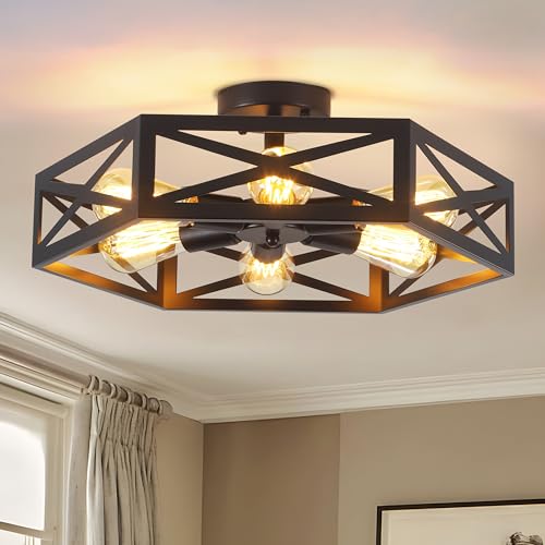 JIMKIGTO Farmhouse Flush Mount Ceiling Light Fixture,Vintage Matte Black Kitchen