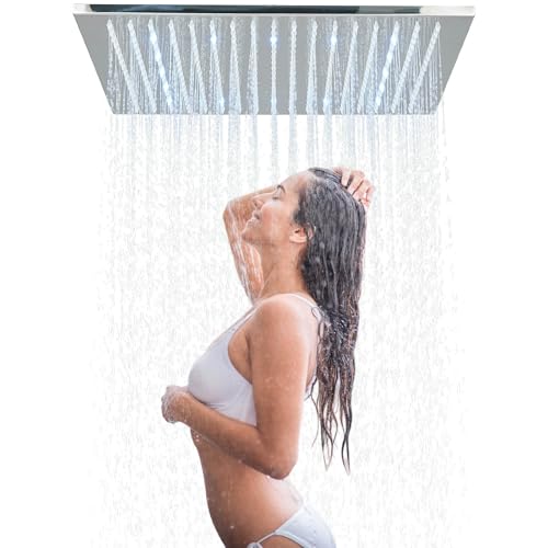 JUNSHENG Pommeau à pluie carrée de 16 pouces, tête de douche plaquée, tête de pluie fixe avec LED (40 x 40 cm) avec buse à échelle imperméable