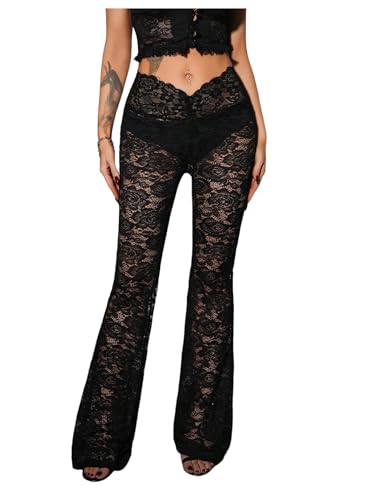 Verdusa Women's Lace Bell Bottom Pants Y2K Low Waist Flare Pants See Through Rave Outfits