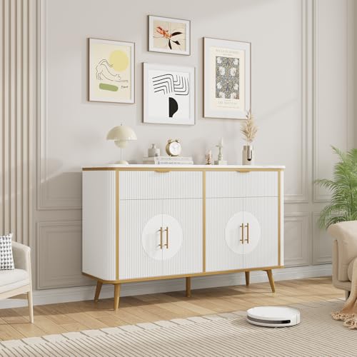 RNLRNL 47.2" Buffet Storage Cabinet, Modern Fluted Coffee Bar Station with 2 Drawers & Adjustable Shelves, Kitchen Sideboard Buffet for Dining Room, Living Room, Hallway, White