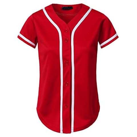 Mersenne Women's Baseball Jersey Button Down Short Sleeve Shirts (L, Red/White) Cover