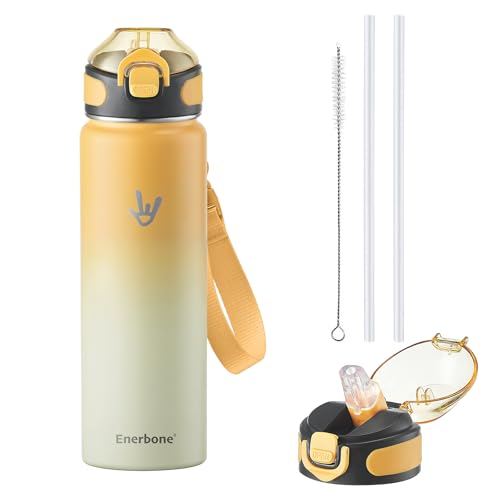Enerbone 24 oz Insulated Water Bottle, Stainless Steel Bottle with Carrying Strap, Double-Wall Vacuum Insulation Design, Leakproof Sports Bottle with Straw, Keep Drinks Cold or Hot for Hours