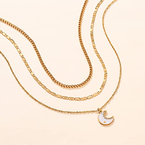 Dainty Layered Star Moon Necklaces For Women - 18K Gold Plated Choker Necklaces For Teen Girls Trendy Multilayer Herringbone Necklace Simple Cute Long Necklace Pendants Gifts For Women Girls #TOP7