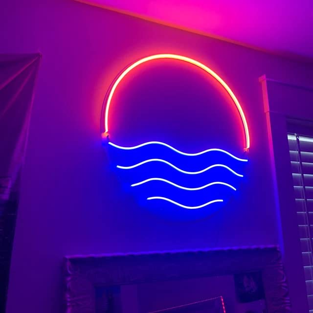 Image of Sunset&Sea Blue LED Neon Signs Sunrise Neon Lights For Bedroom Decoration Cool Wall Decor For Living Room Boy's Room USB Powered(12 * 12 inch)