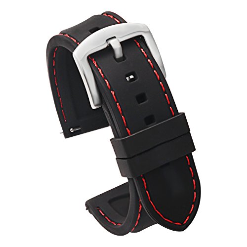 Carty 22Mm Quick Release Replacement Watch Bands For Men - Premium Silicone Rubber Watch Bands Black(Red Stitching Silver Buckle) #TOP3