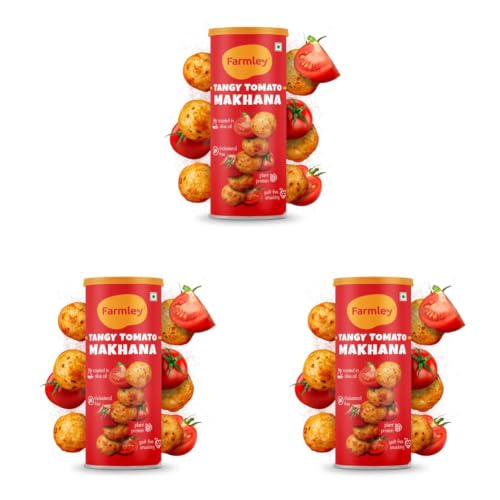 Image of Farmley Roasted and Flavoured Tangy Tomato Makhana | Namkeen Snacks & Puffed Snacks | Healthy Snack | Cholesterol Free | Gluten Free | Rich In Protein & Fiber | Roasted in Olive Oil - 77g Jar