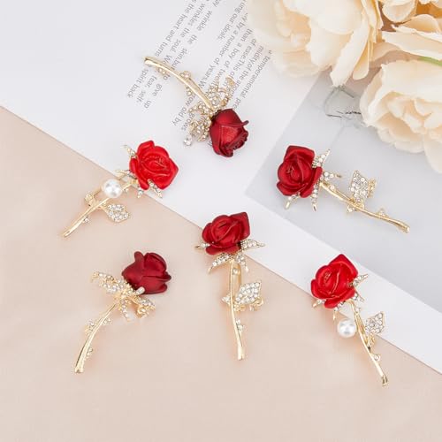 Image of 6Pcs 3 Styles Red Rhinestone Flower Brooch Crystal Pearl Badge Pin Alloy Rose Flower Weddings Brooch Pins Small for Women To Birthday Party Clothing Jewelry Accessories Gifts