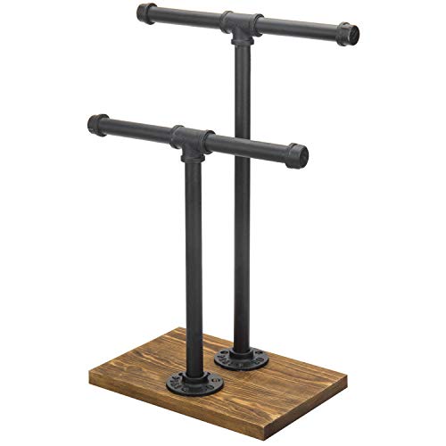Mygift 2-Tier Urban Rustic Metal Industrial Pipe & Brown Wood T-Bar Necklace Jewelry Stand #TOP5