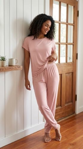 Image of Joyaria Bamboo Viscose Pajamas Women Ultra Soft Short Sleeve Jogger Pants Pjs Set Cooling Sleepwear
