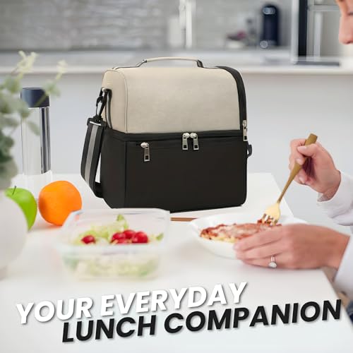 Image of OCEANEVO 2 Compartment Insulated Lunch Bag with Luggage Tag, Tiffin Bag for Office with Handle and Shoulder Strap for Men and Women - 28 x 25 x 18 Cm - Beige