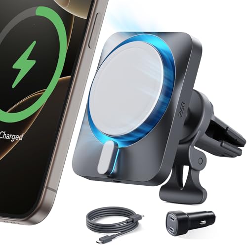 ESR for 15W Apple-Certified MagSafe Car Mount Charger - CryoBoost Phone Cooling Faster Charging w 40W Dual USB-C Cigarette Lighter for iPhone Air 17 Pro Max 16 15 14 Plus 13 12 Mini, MagSafe Accessory