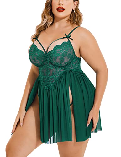 Image of Avidlove Plus Size Lingerie Lace Babydoll Womens Strap Chemise Nightgown V Neck Nighty Mesh Sleepwear Side Slit Nightdress