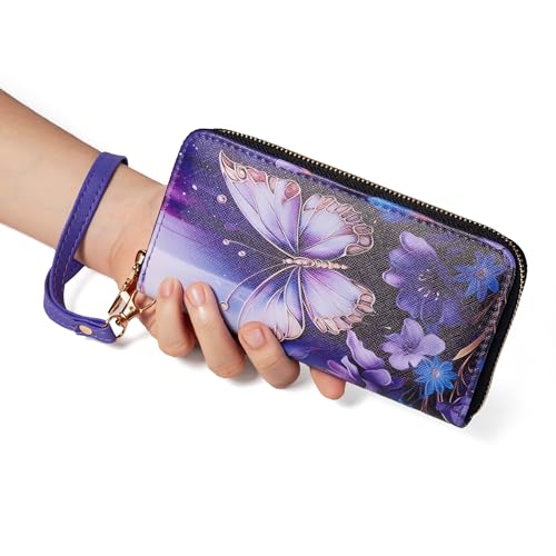 Image of Checkered Cow Print Wallet For Women Skull Goth Frog Butterfly Turtle Ladies Cluth Wristlet Wrist Strap Long Purse Zip Around Card Holder