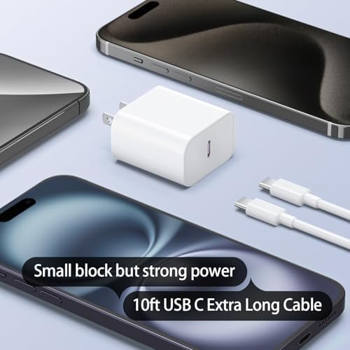 10ft Cable for Apple iPhone 16 15 Pro Max Charger Fast Charging iPad AirPods 4 (USB-C), 20w Type C Blcok 10-ft Long USB C to C Cord White 1Pack - 2