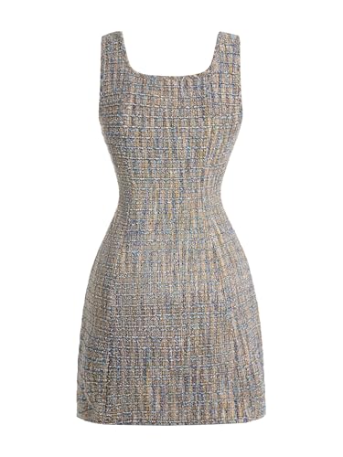 Image of Floerns Women's Plaid Tweed Dress Sleeveless Square Neck Elegant Work Mini Dress