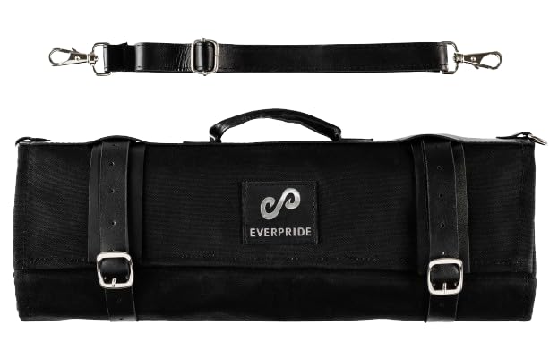 EVERPRIDEWaxed Canvas and Genuine Leather Trim Chef Knife Roll Bag Holds 12 Knives and Cooking Tools – Durable, Large Knife Case – Elegant Chef Bag for Professional Cooks and Students