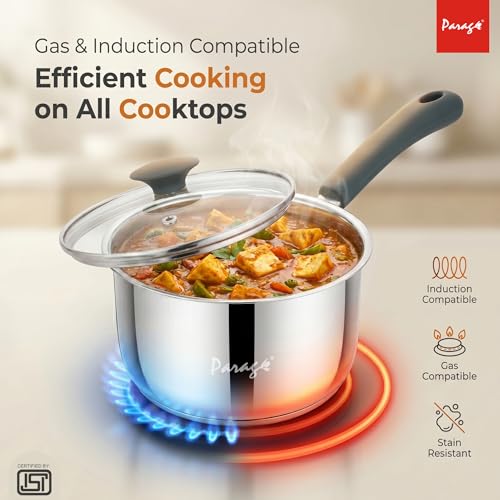 Image of Parage Stainless Steel Saucepan with Glass Lid, Induction & Gas Compatible, 1.5 Liters Triply Bottom Sauce Pan, Milk Boiler Tea Pan with Silicon Handle for Daily Cooking, 2 Years Warranty