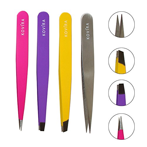 4 Stainless Steel Eyebrow Tweezers with Leather Case, Tweezers Set with 1 x Slant, 1 x Straight and 2 x precision tweezers - Best for Eyebrow, Ingrown Hair and splinter